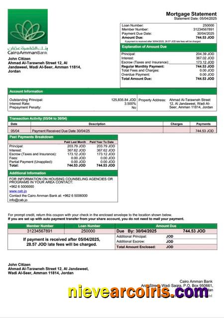 Jordan Cairo Amman Bank mortgage statement Word and PDF template
